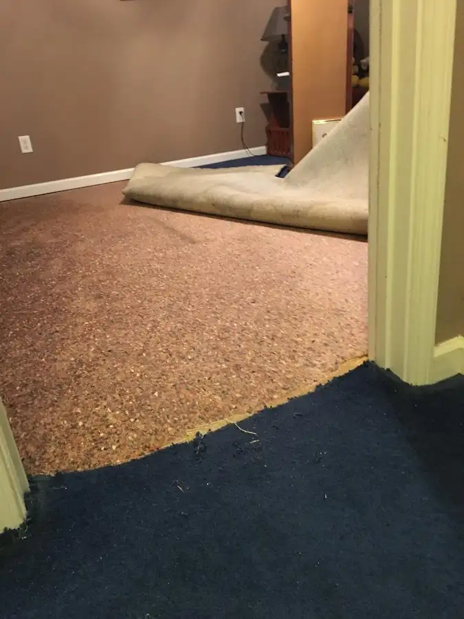 Carpet pad removal revealing water damage during Water Mitigation Services in Memphis